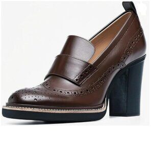 YDN Saddle Brown Chunky High Heels Round Toe Oxford Loafer Dress Pump